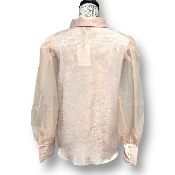 Anthropologie Grey Lab S Pink Satin Semi-Sheer Blouse Mesh Puff Sleeves Feminine - Picture 5 of 9